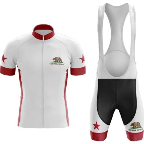 CALIFORNIA White Cycling Jersey Set Maillot Ciclismo Hombre Short Sleeve Bike Clothing Bib Shorts Gel Breathable Pad MTB