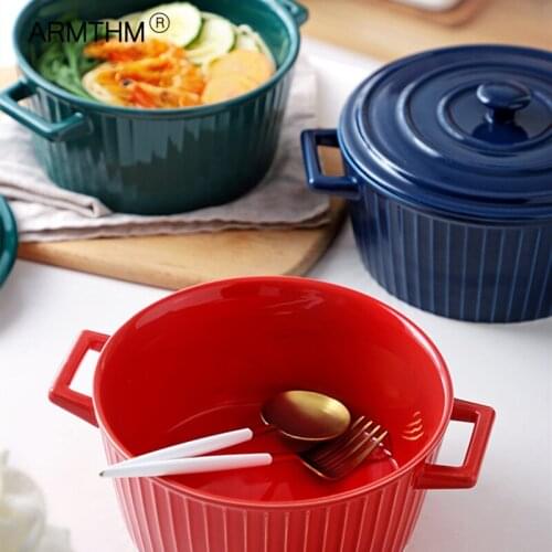 Ceramic Rice Bowl Tableware Modern Minimalist Double Ear Soup Bowls with Lid Candy Color Noodle Bowl Microwave-Heatable Stockpot