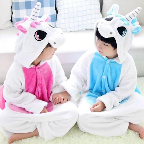 Costume Kid Pajamas Blue Pink Cartoon Animal Flannel Kigurumi Onesies Sleepwear Costumes Kids Clothes