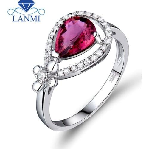 LANMI New Style Natural Touemaline Engagement Ring White Gold 18K Fine Jewelry Pear 6x8mm Gemstone WU230