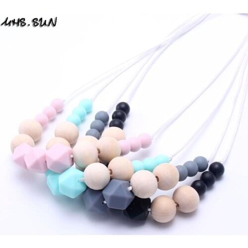 MHS.SUN Food grade material silicone&wooden beads necklace long rope chain cute baby teething necklace suit breastfeeding women