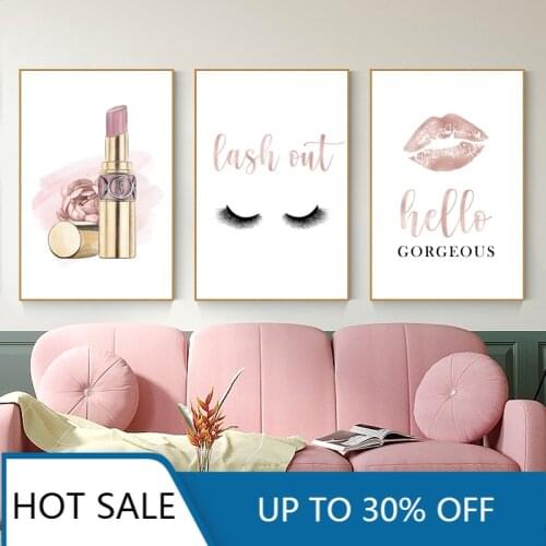 Fashion Eyelashes Lipstick Makeup Wall Art Canvas Painting Posters Prints Hello Gorgeous Sign Rose Gold Girls Gifts Wall Decor