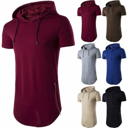 Mens Casual Trendy Double Side Zipper Lot Long Extended T-Shirt Basic Hooded Neck Hip Hop Short-Sleeved Versatile 2020 Hot