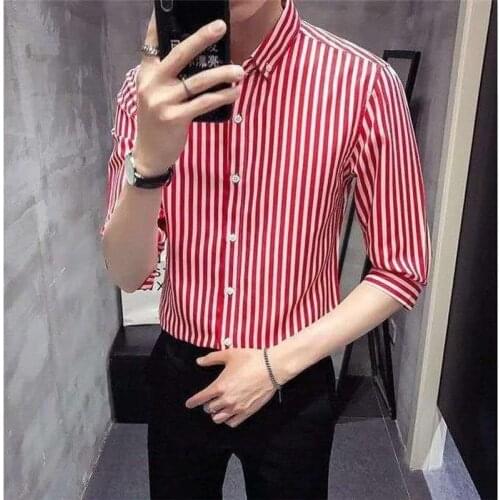 Mens Slim Three-quarter Sleeve Vertical Striped Shirt Fashion Casual Non-iron Thin Lapel Youth Top