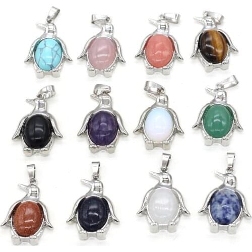 Natural Stone Penguin Amethysts Green Aventurine /Tiger Eye Pendants for Necklace Earring Jewelry Making Women Gift Size 24x34mm