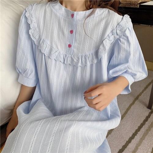 Cotton korea night dress girls women summer princess nightgowns love button sleepwear loose puff sleeve ladies sleepdress Y784