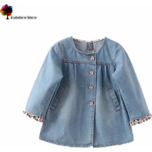 New Children Clothing Autumn Spring Girls Floral Cuff Round Neck Denim Outwear Children Jeans Trench Girls Jacket Children Coat