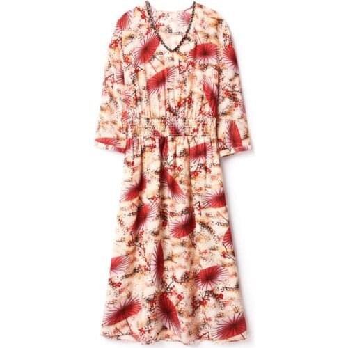 Three Quarter Sleeve V-Neck Summer Lady Dress Printing Silk Womens A-Line Sweet Dresses Temperament Elegant Comfort Waist Skirt