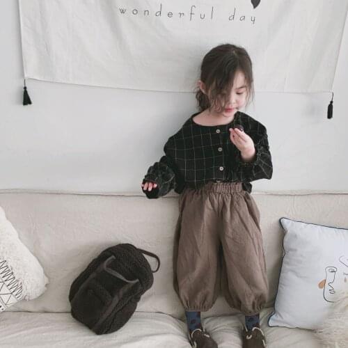 Spring and Summer girl cotton hemp Shirt new style lantern cuff T cotton Hemp shirt girls shirts Plaid