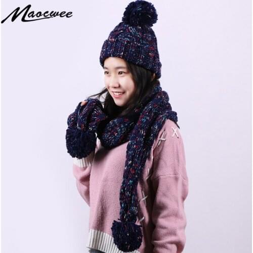 Fashion Winter Women Hat Scarf And Gloves Set Outdoor Knitted Thick Warm Elegant Scarf Hat Gloves Set For Female Crochet Beanie