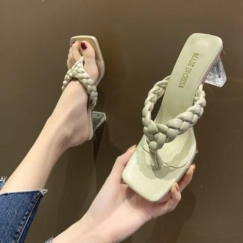 WDHKUN 5cm Square Heels Slides Women Rope Lattice Peep Toe Women Outside Sippers Shoes Mujer Elegant Shoes