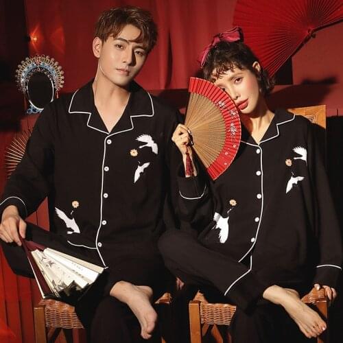 SLPBELY Couple Pajamas Set Homewear Spring Autumn Crane Printed Lapel Long Sleeve Men Women Pyjamas Lover Sleepwear Nightwear