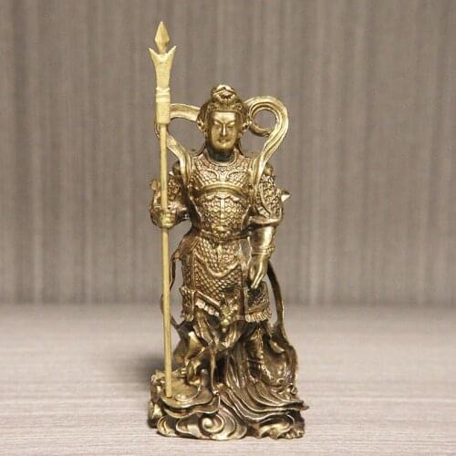 Antique Bronze Three Eyes Erlang God Buddha Statues Chinese Hero Ornaments Three Pointed Double-edged Blade Weapon Dog Figurines