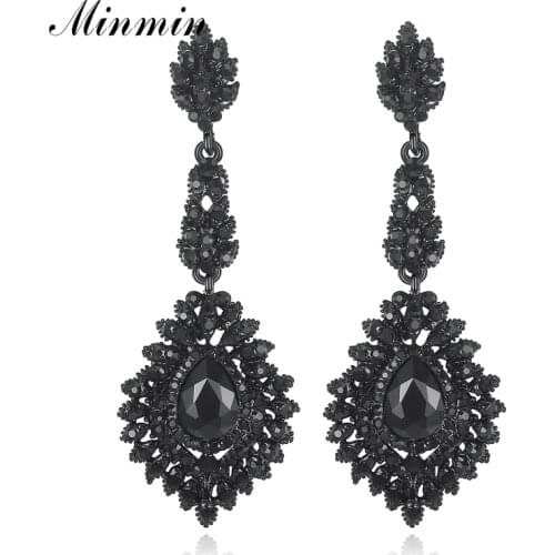 Minmin Vintage Black Long Chandelier Drop Earrings for Women Teardrop Crystal Wedding Bridal Earrings Fashion Jewelry 2019 EH192