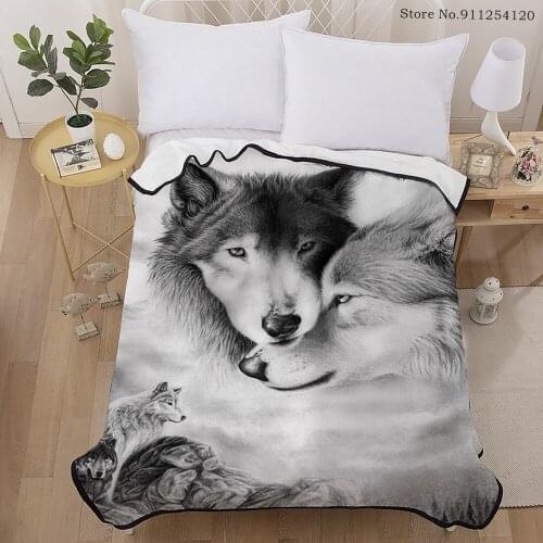 Wolf Couple Soft Blanket on Sofa Bed 150x200cm Couch Bed Cover Animals Lion Fox Print Flannel Blanket Nap Travel Office for Teen