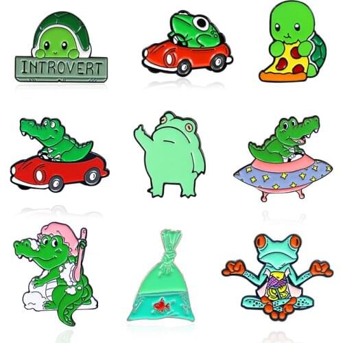 Green animals Crocodile frog turtle Enamel Pin Brooches bath car UFO Pizza Lapel Pin Cartoon fun Badge
