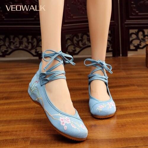 Veowalk Plum Embroidery Women Casual Ankle Strap Canvas Ballet Flats Vintage Ladies Cotton Embroidered Comfort Old Beijing Shoes