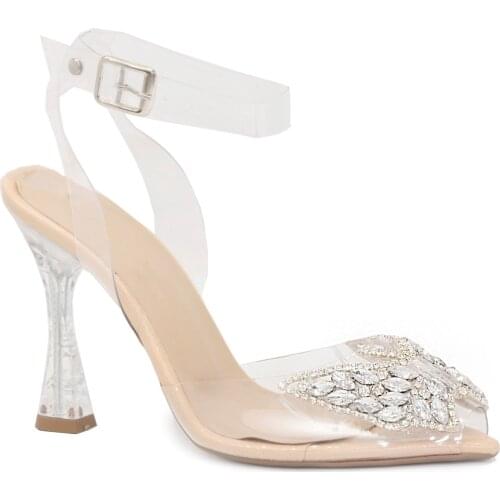 Gedikpaşalı Hll 054 Beige 2021 Summer Season Women Shoes Evening Party Dress Wedding Heels Transparent Stone Accessorized Pumps Steyl Stylish