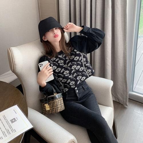 Woman Sweaters Pullover Autumn Winter Round Neck Stitching Puff Sleeve Short Pullover Jacquard Sweater Femme Chandails
