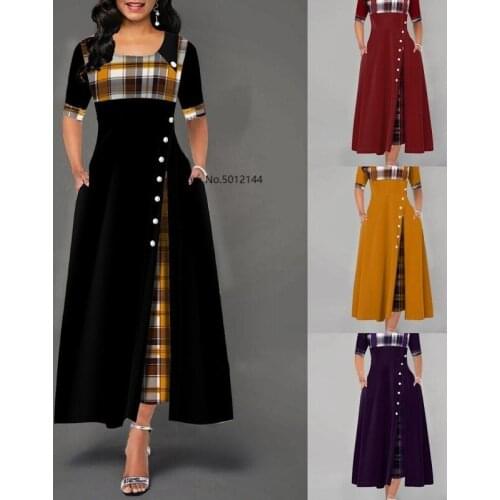 High Quality Half Sleeve Elegant Women Irregular Dress Patchwork Plaid Pocket Long Summer Dress Big Swing Party Dress Vestidos