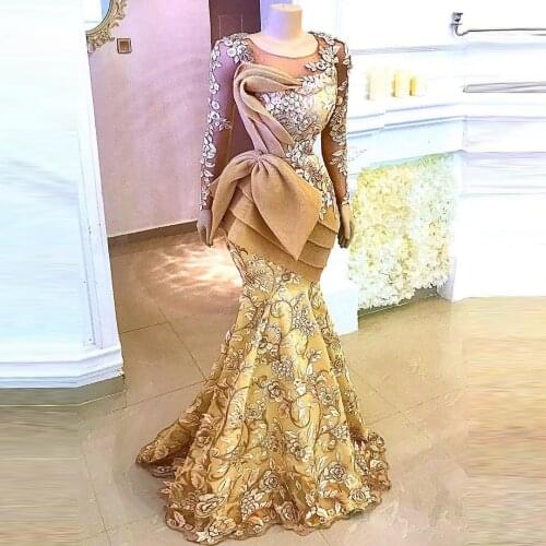 Gold Lace Aso Ebi Evening Gowns Long Sleeves Sheer Mermaid Women Pageant Gowns Custom Made Organza Ruffles Dress 2021