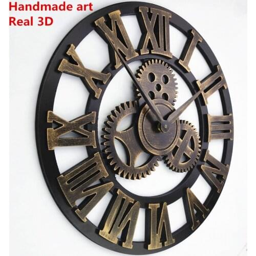 3D Creative Handmade Oversized Retro Rustic Decorative Luxury Art Big Gear Wooden Vintage Large Wall Clock On The Wall For Gift