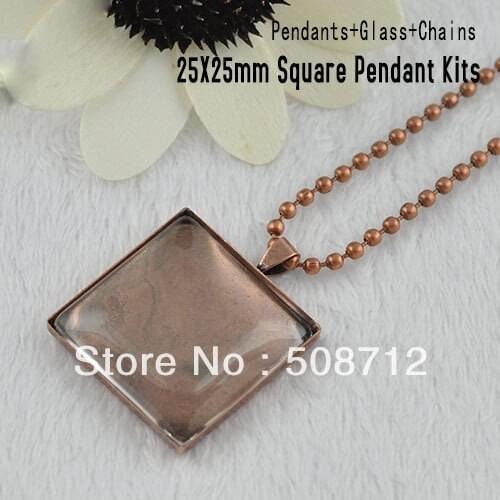 Free Ship !!DIY copper pendant 25mm square gem base glass 75cm L 2.4mm ball chain,,need you own DIY