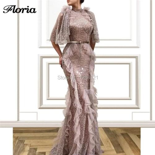 Diamond Beading Pink Evening Dresses New Couture Arabic Long Sleeve Prom Dresses Kaftan Aibye Party Gowns 2019 Vestido Festia