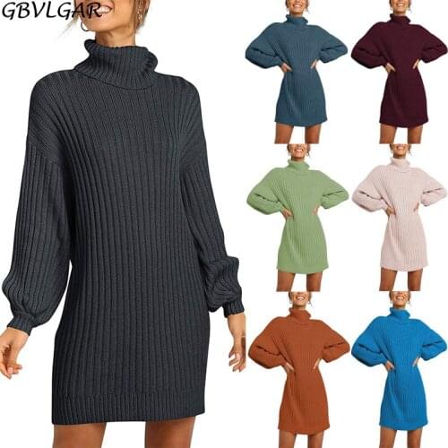 Elegant Knitted Dress Autumn Winter Turtleneck Warm Lantern Long Sleeve Slim Women Sweater Dresses Casual Solid Mini Dress 2021