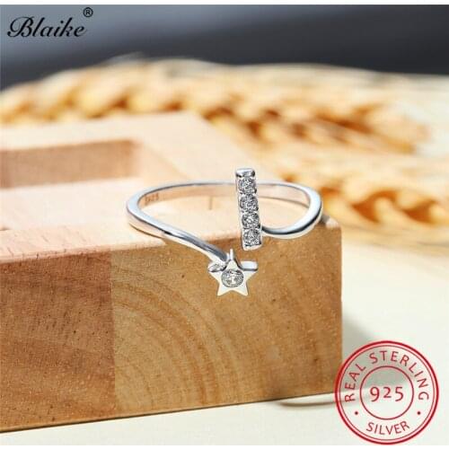 Real s925 Sterling Silver Dainty Small Star Rings For Women Open Adjustable Ring Stacking Wedding Thin Ring Band Crystal Jewelry