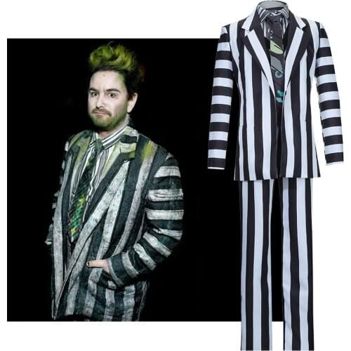 Beetlejuice Adam Cosplay Costume Suit for Adult Man Black and White Striped Jacket Shirt Pants Halloween Carnival Costume