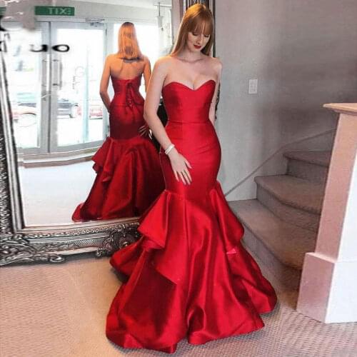 Mermaid red satin strapless prom party evening dresses vestido de noiva sereia gown robe de soiree prom party Draped lace-up