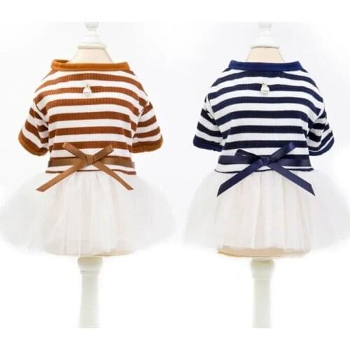 Summer Bow Stripd Puppy Skirt Pet Princess Wedding Dresses Girl Clothes For Small Dogs Suit For Chihuahua Yorkies Fancy Dress