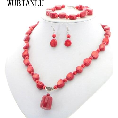 Fashion Natural Stone Red Coral Irregular Shape Isolation Round Beads Pendant Necklace Bracelet Earrings Jewelry Set Women Gift