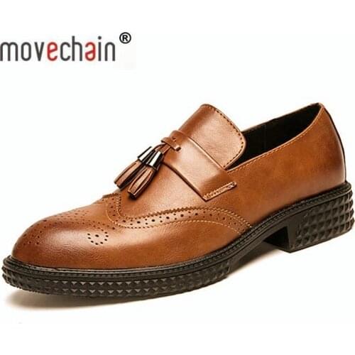 Movechain Fashion Mens Tassel Leather Shoes Mens Casual Party Driving Loafers Man Vintage Carved Brogue Flats Moccasins