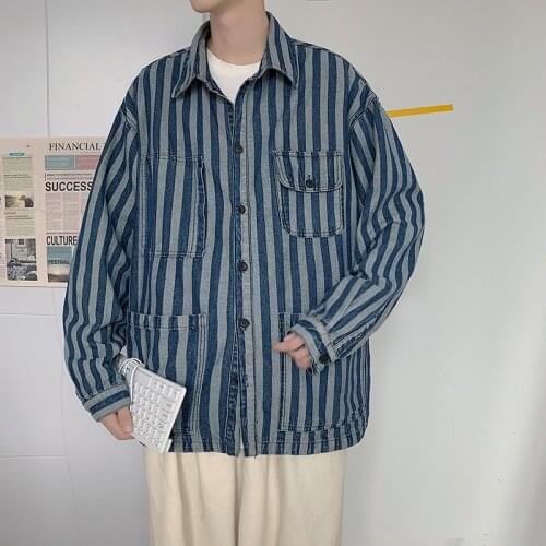 Striped multi-pocket denim shirt jacket 2021 spring and autumn mens tooling all-match loose collar jacket Mens Jean Coat