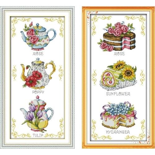 Teapot Dessert cake colorful flowers painting Counted Print on canvas DMC 11CT 14CT Cross Stitch kits Needlework Sets embroidery