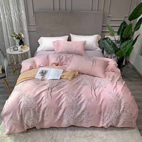 Papa&Mima Pink Flowers Pastoral Floral Duvet Cover Set Fitted Sheet Egyptian Cotton Bedlinens 4pcs Queen King Size Bedding Set