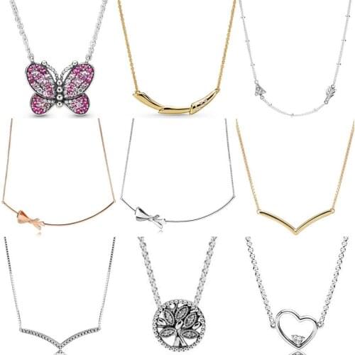 925 Sterling Silver Dazzling Pink Butterfly pandora Necklace For Women Wedding Party Gift