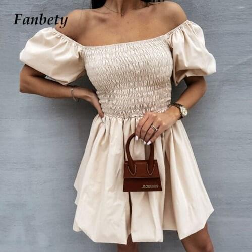 Sexy Slash Neck Off Shoulder Dress Elegant Solid Puff Sleeve Lady Party Dress Summer Fashion Backless Women Draped Mini Dresses