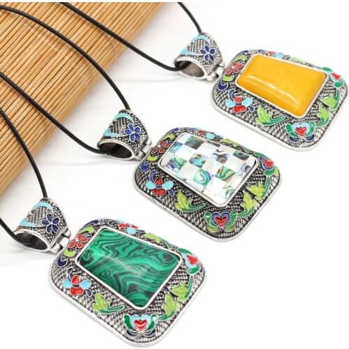 Natural Shell Stone Alloy Pendant Trapezoid Handmade Crafts DIY Retro Trend Necklaces Sweater Chain Jewelry Gem Making 30x65mm