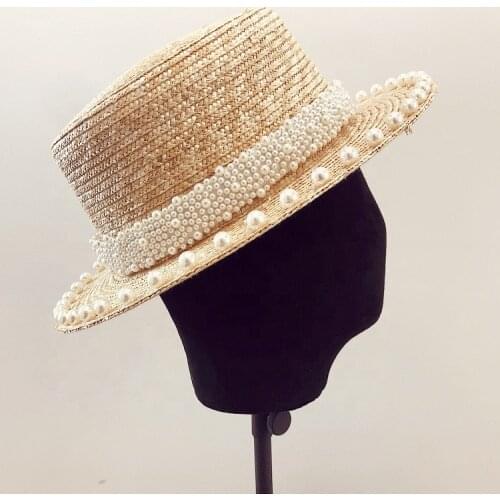 Elegant vintage Hepburn style pearl wheat straw flat hat female summer Chic sunscreen beach women sun visor hat