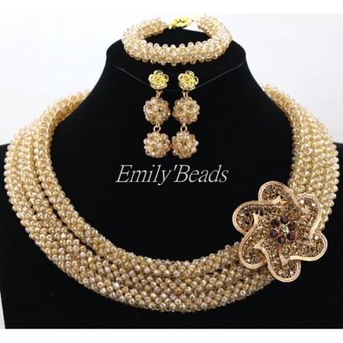 Champagne Gold African Costume Wedding Nigerian Bridal Beads Jewelry Full Set Handmade Indian Jewelry Set Free Shipping ALJ372