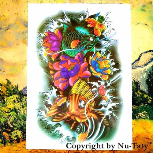 SHNAPIGN Good Luck Koi color Temporary Tattoo Body Art Flash Tattoo Sticker 21*15cm Waterproof Fake Tatoo Henna Painless Sticker