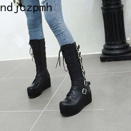 Womens Boots New winter Color matching fashion zipper Wedge mid heel Middle tube Womens shoes plus size 33-46 Heel Height 6cm