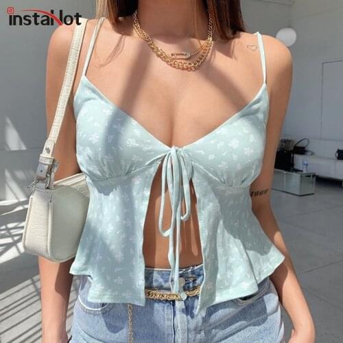 InstaHot Floral Casual Vintage Bandage Camis Spaghetti Strap 2021 Summer Women Streetwear Sleeveless Sexy Camisole Cropped Top