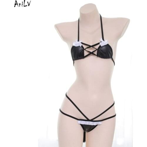 AniLV Sexy Girl little Fox Tail Maid Bikini Swimsuit Costume Women Strap Leather Swimwear Uniform Pool Party Cosplay
