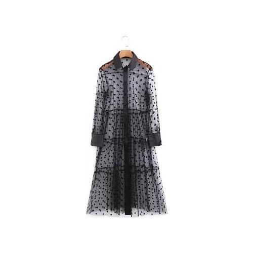 Womens autumn tulle dot print turn-down neck A-line dress female Europe style chich long sleeve single breasted dress TB3953