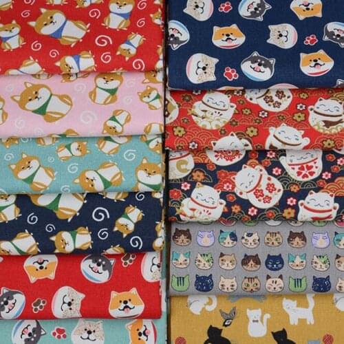 1 Yard 13 Colors Shiba inu Dogs Lucky Cats Printed Canvas Fabric Cotton Fabric DIY Cutting Cloth Accessories