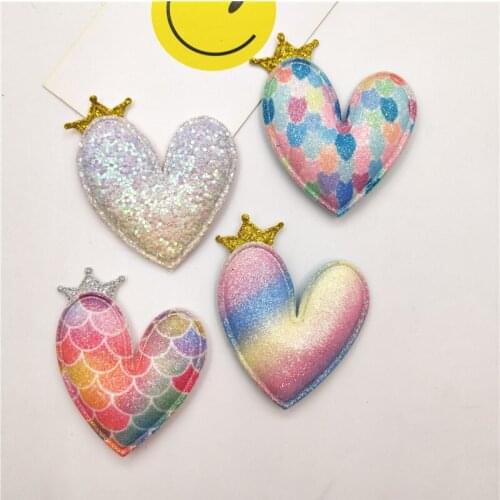 20pcs/lot Mermaid Scale Iridescence Fabric Padded Heart Applique for Craft Hair Clips Decor Glitter Patches Accessories